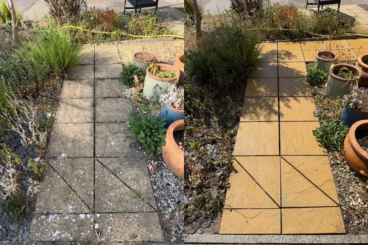 Before and after of a paved garden path cleaned between planted borders, with the slabs brought back to an even colour
