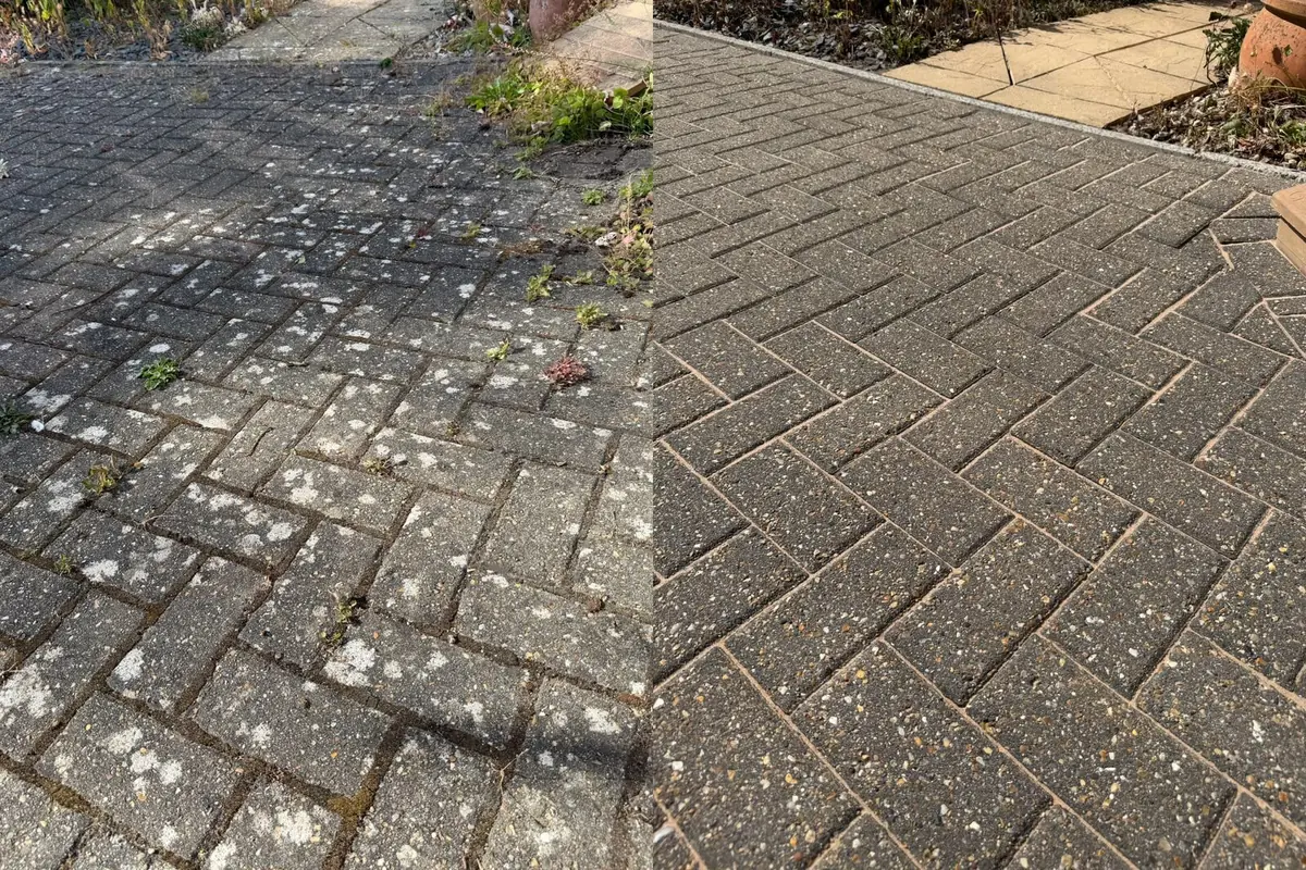 Close-up before and after of block paving joints showing lichen and dirt removed and fresh kiln-dried jointing sand in the joints